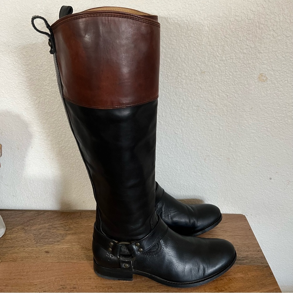 Frye Melissa Harness Black Brown Leather Zip Up Riding Boots Womens Size 8.5 B